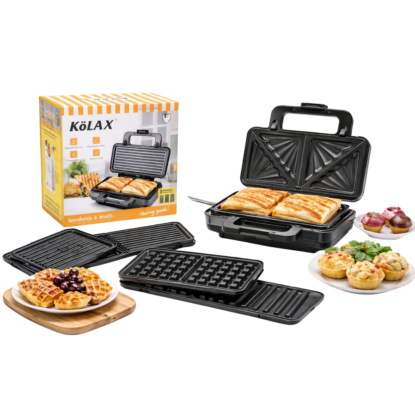 KOLAX 3-in-1 Sandwich Maker & Waffle Grill